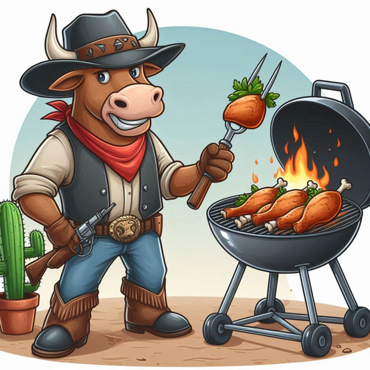 Bull dressed as a cowboy grilling a chicken leg on a skewer